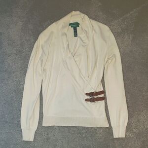 Lauren Ralph Lauren Cream and Brown Wrap Sweater With Belted Waist